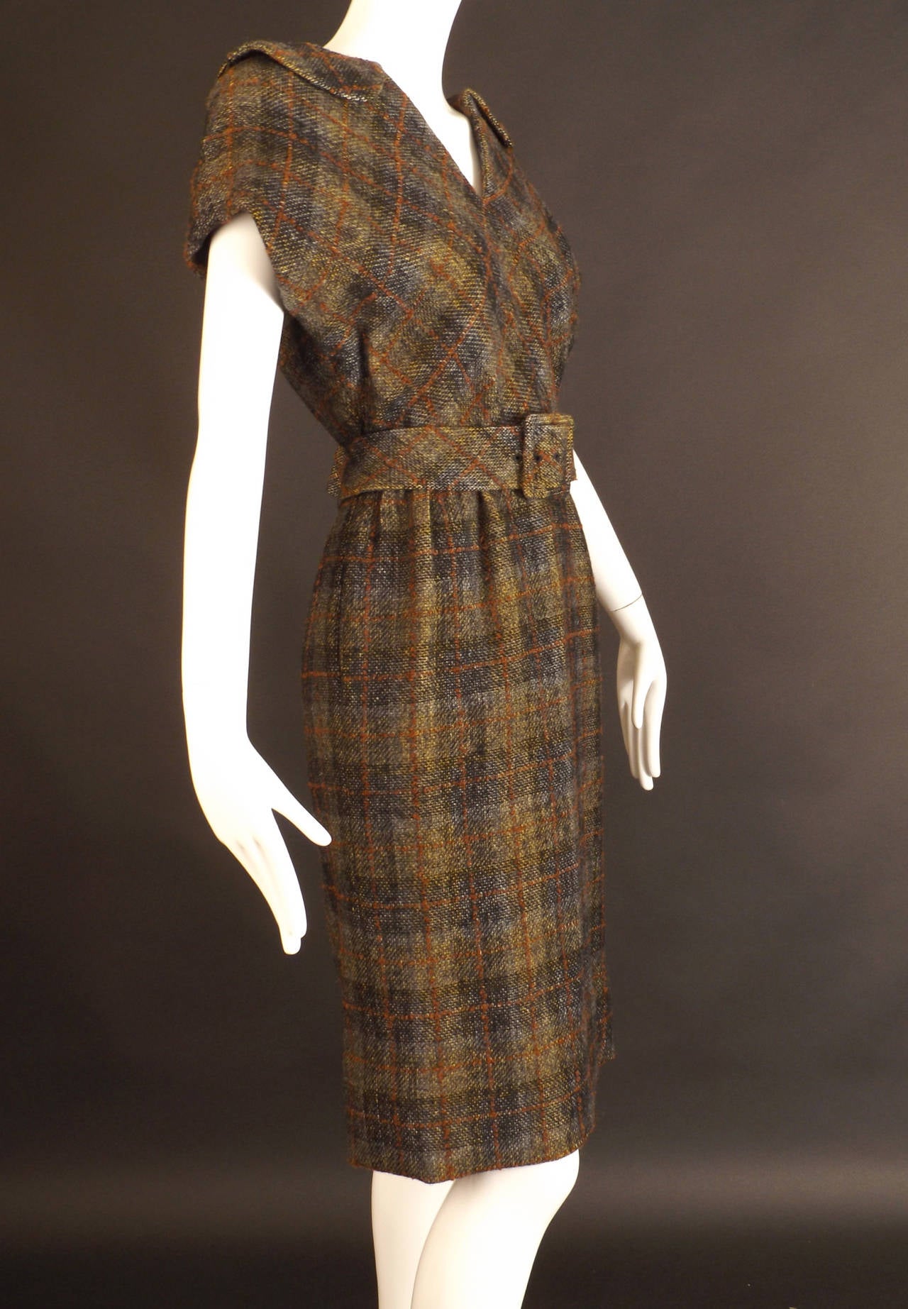 1960s Olive Wool Plaid James Galanos Dress