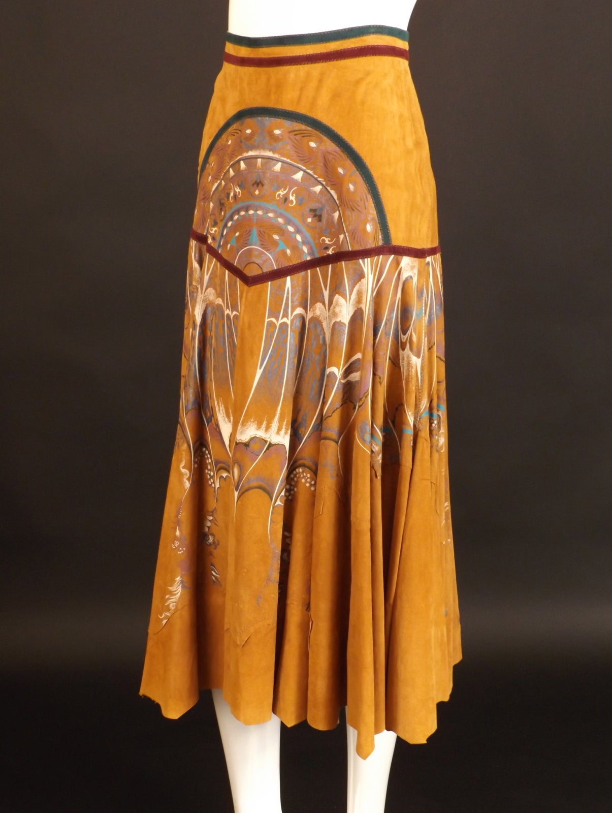 1970s Hand Painted Suede Roberto Cavalli Skirt In Excellent Condition For Sale In Dallas, TX