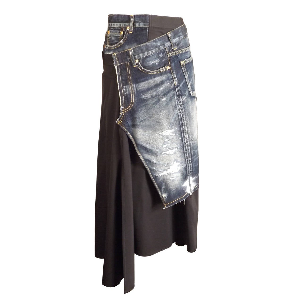 2014 Junya Watanabe Denim & Crepe Wrap Skirt