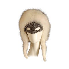 1970s Rare Adolfo White Fox Fur & Rhinestone Mask