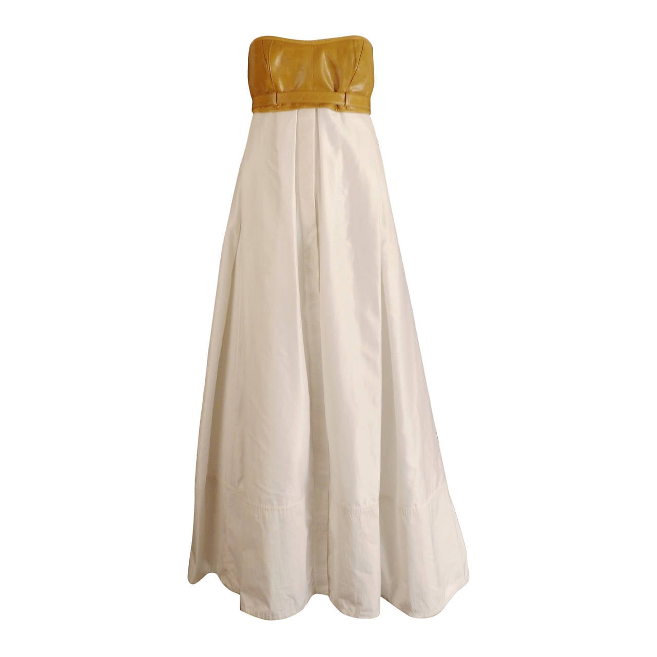 KAUFMANFRANCO-White Cotton & Leather Evening Dress, Size-6 For Sale