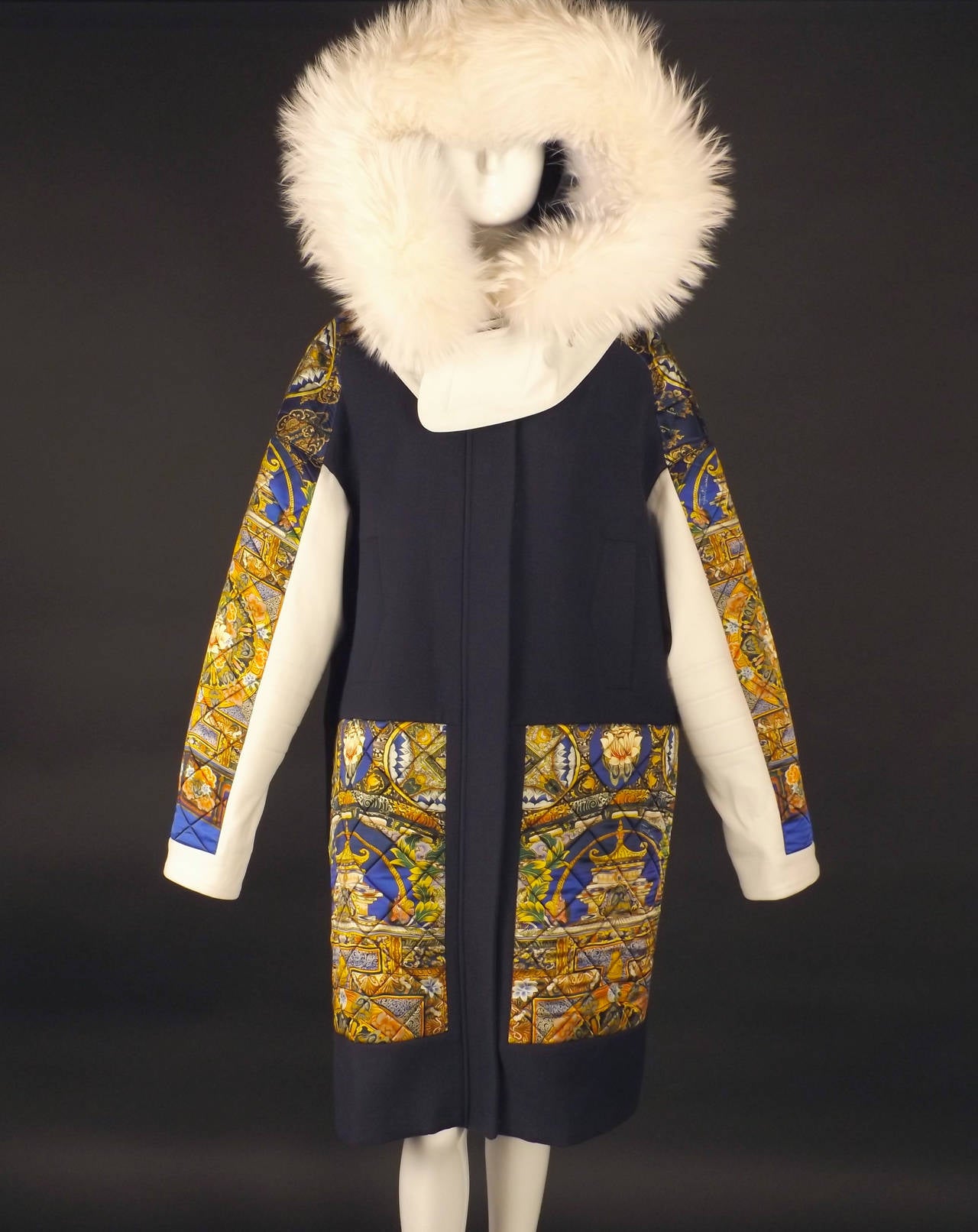Fall, 2013 Cavalli Fur Trimmed Wool & Satin Coat In New Condition In Dallas, TX