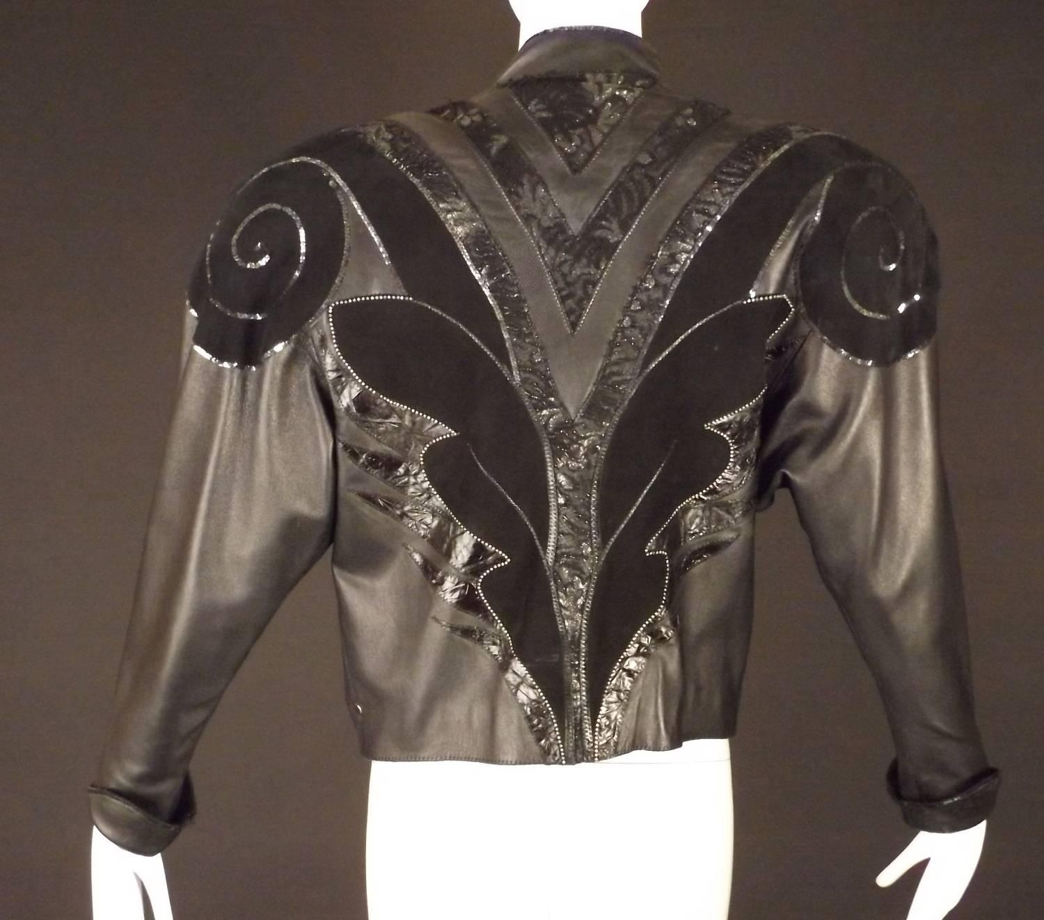 1980s Black Leather & Sequin Appliqué Roberto Cavalli Jacketl In Excellent Condition For Sale In Dallas, TX