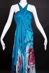 Teal Floral Silk Roberto Cavalli Evening Gown