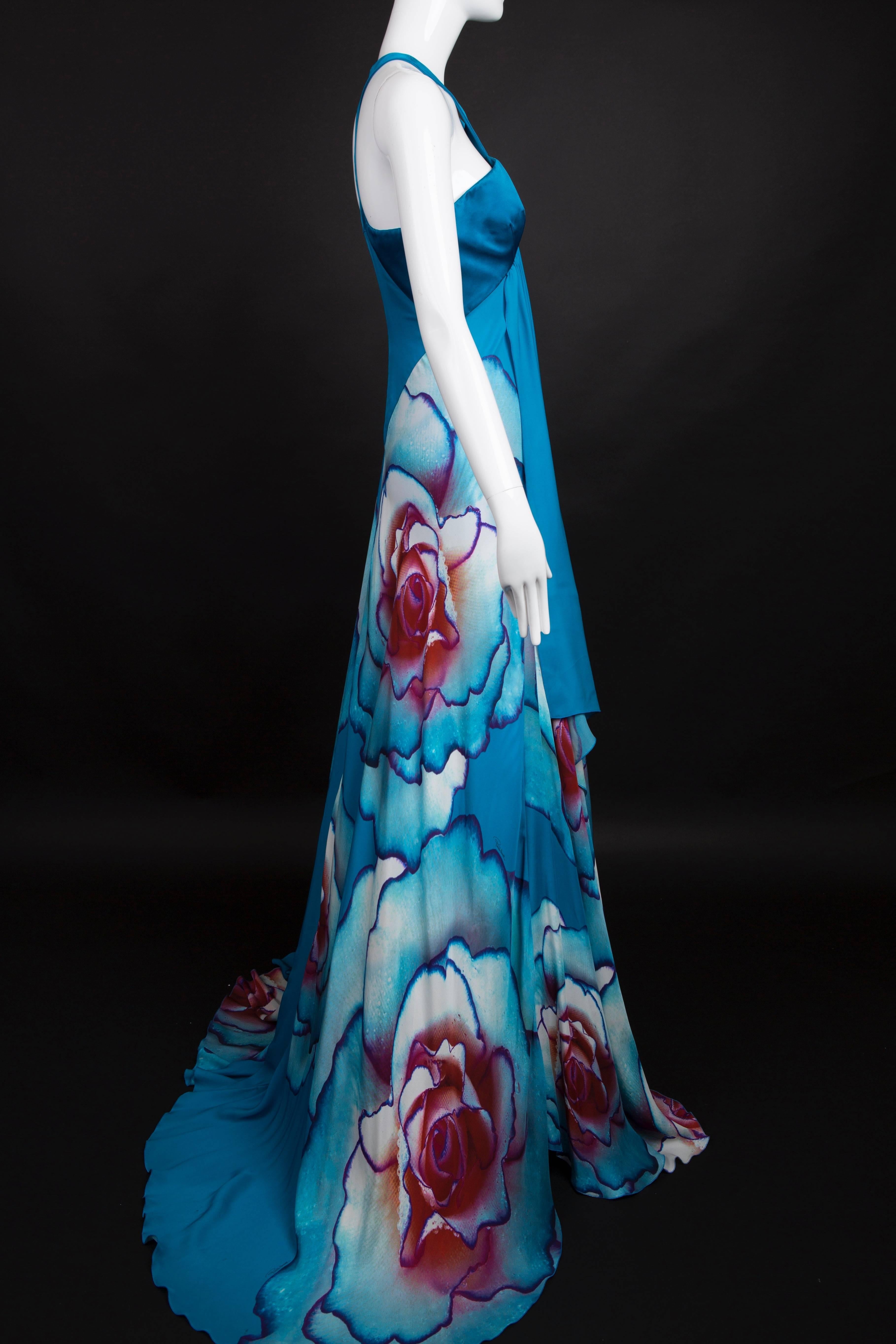 Teal Floral Silk Roberto Cavalli Evening Gown For Sale 2