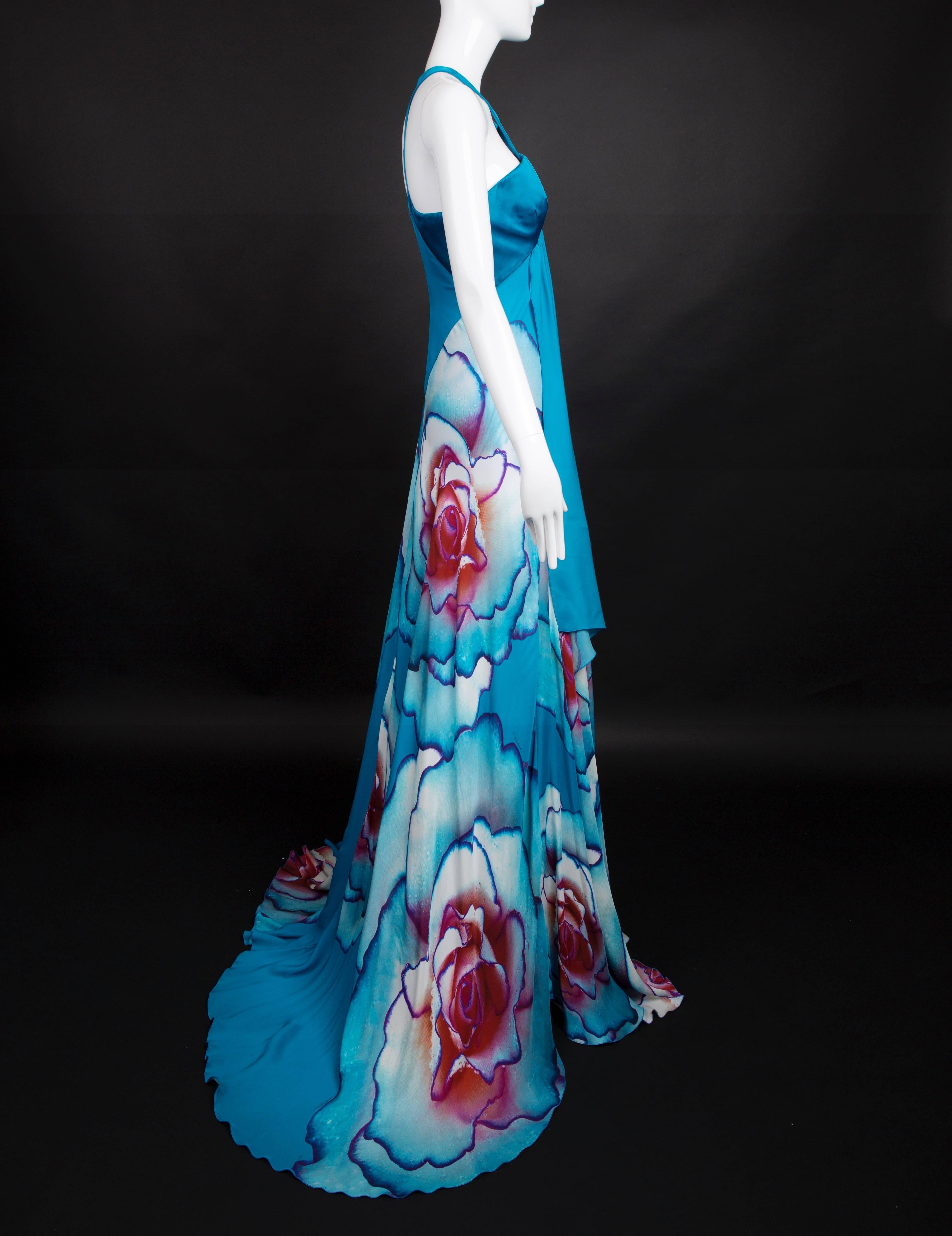 Teal Floral Silk Roberto Cavalli Evening Gown In Good Condition For Sale In Dallas, TX