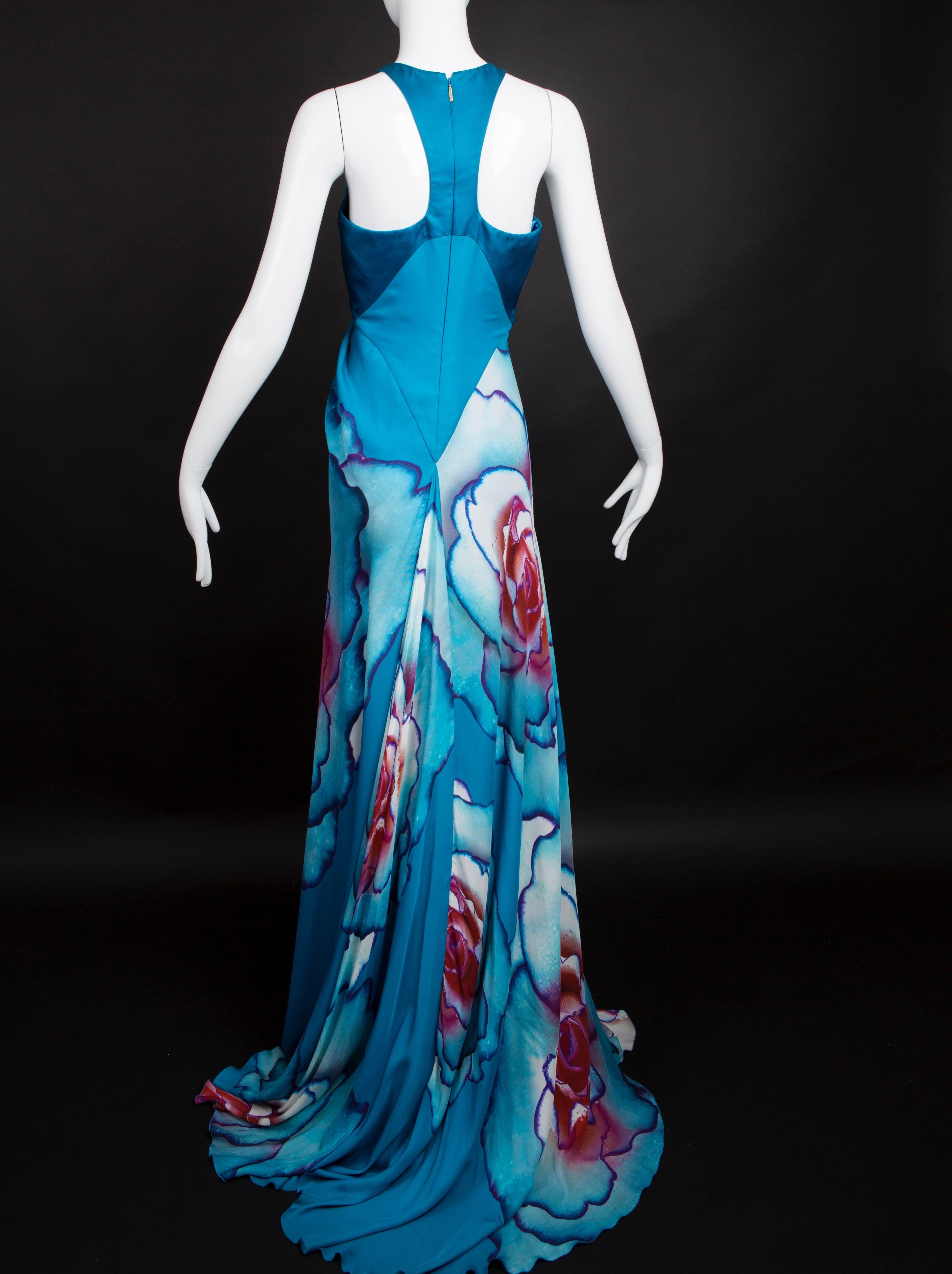 Women's Teal Floral Silk Roberto Cavalli Evening Gown For Sale