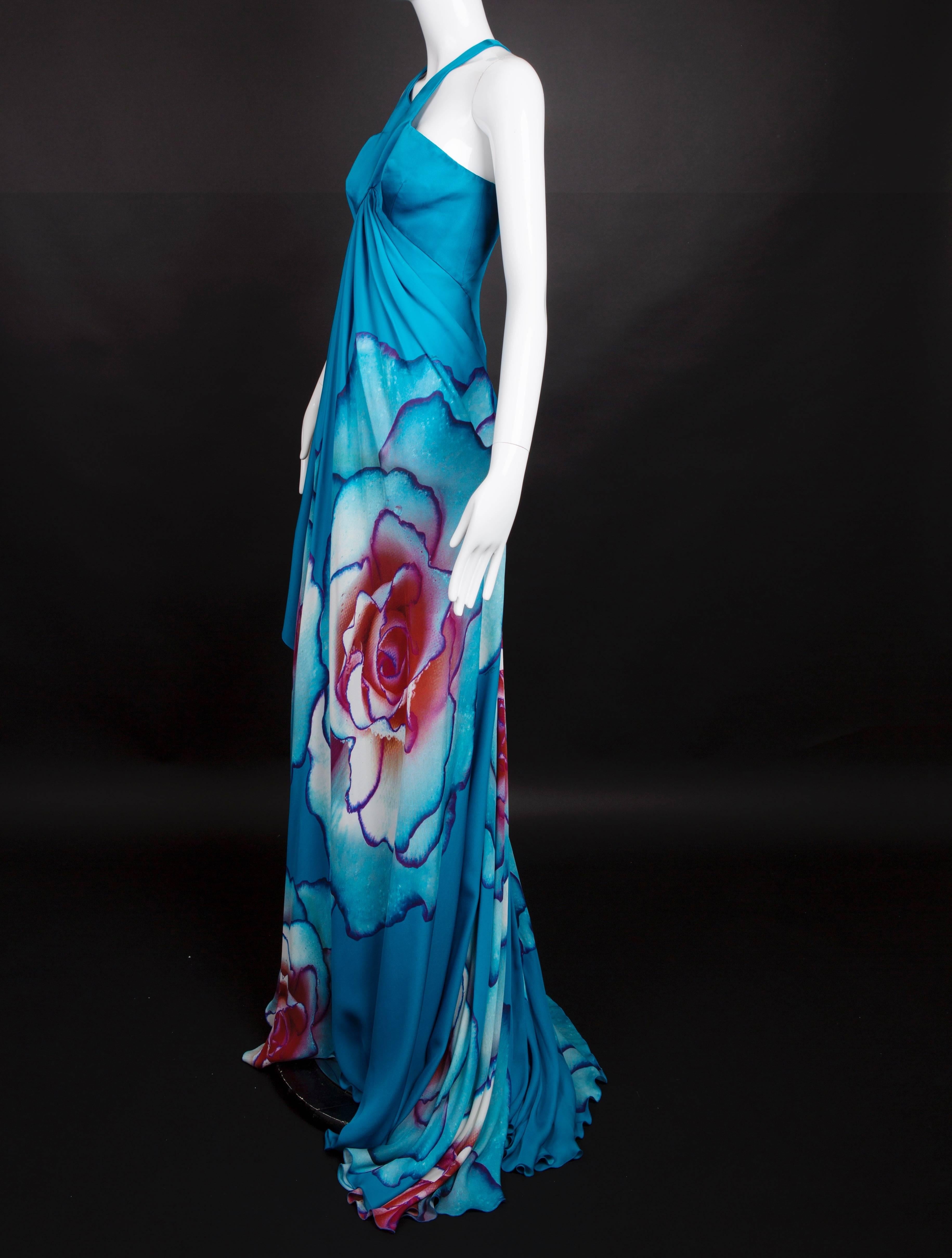 Teal Floral Silk Roberto Cavalli Evening Gown For Sale 1