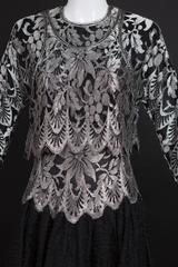 1980s Silver Lace & Black Organza Geoffrey Beene Dress