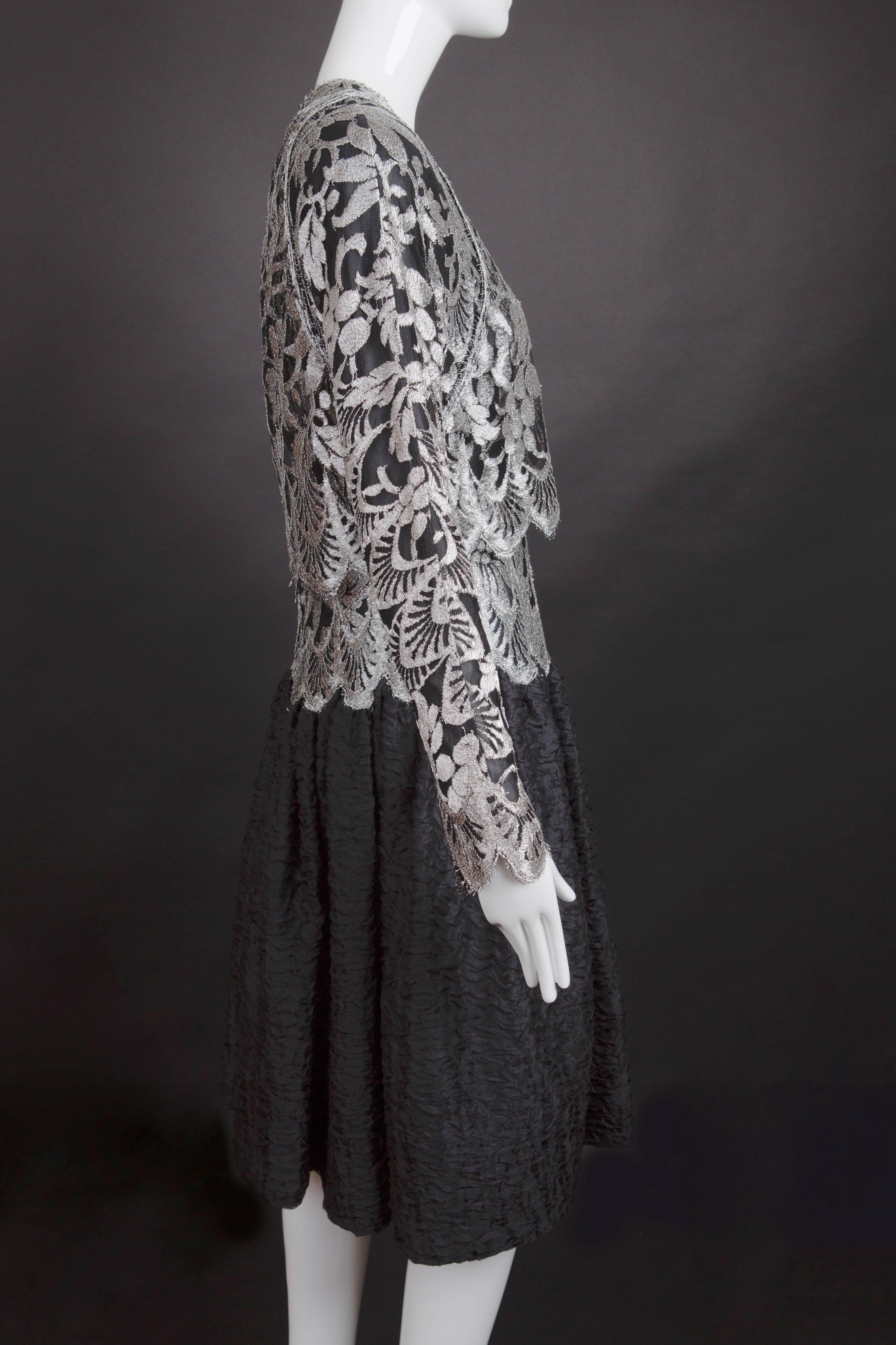 Women's 1980s Silver Lace & Black Organza Geoffrey Beene Dress For Sale