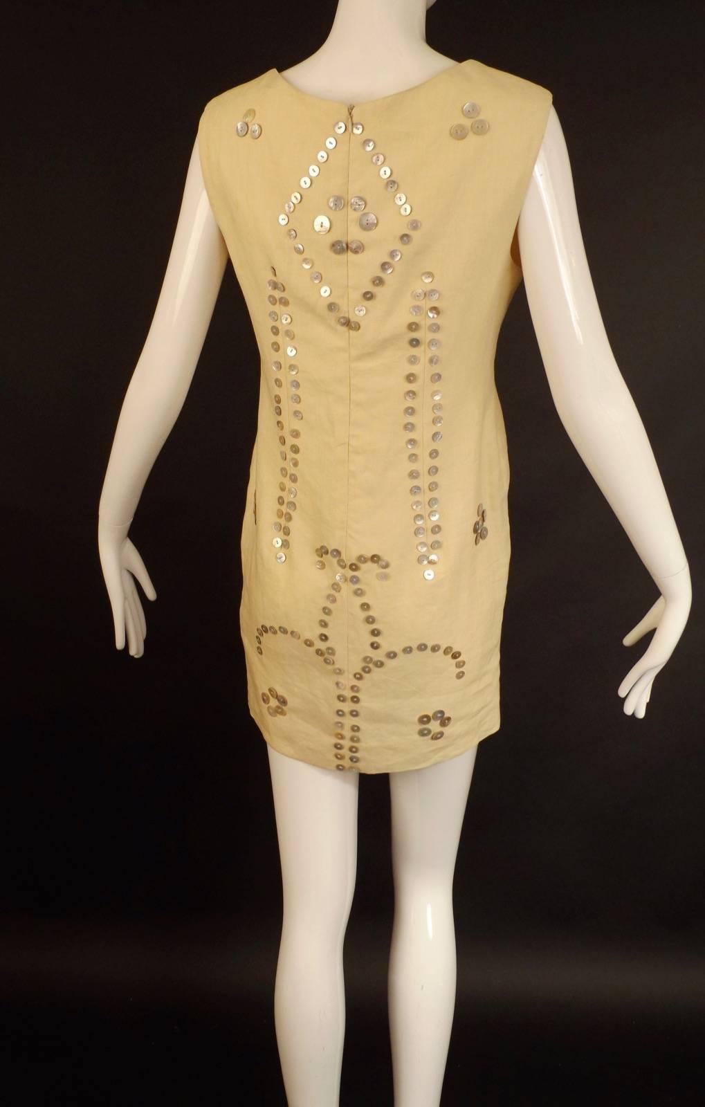1991 Ivory Linen Todd Oldham Button Dress In Excellent Condition For Sale In Dallas, TX