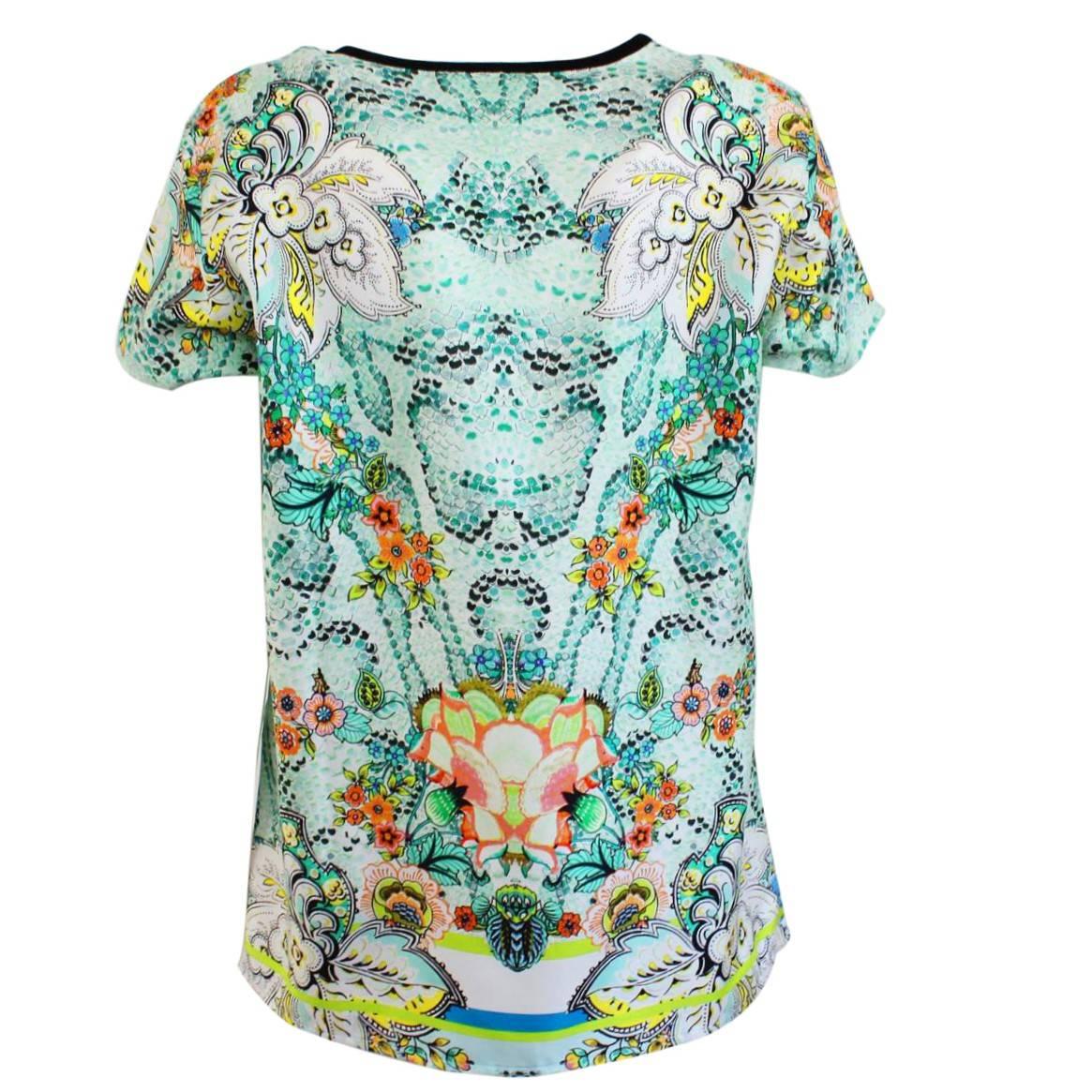 Fantastic T-Shirt by Roberto Cavalli
Wonderful print 
Silk
Aqua green color base
Multicolored pattern 