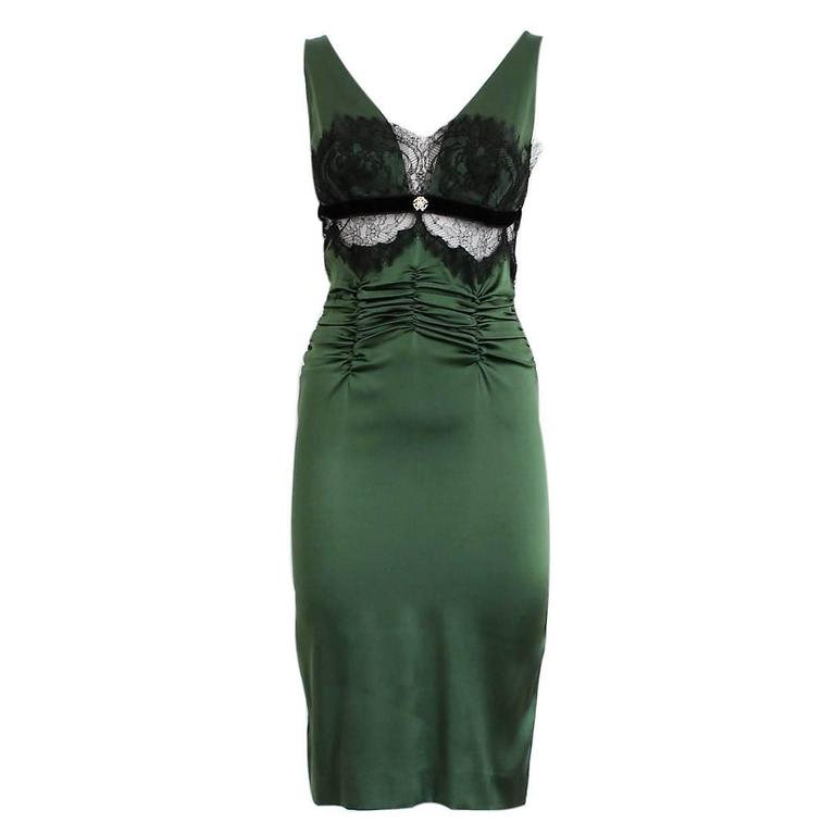 Roberto Cavalli Green Bottle Satin and Lace Dress at 1stDibs