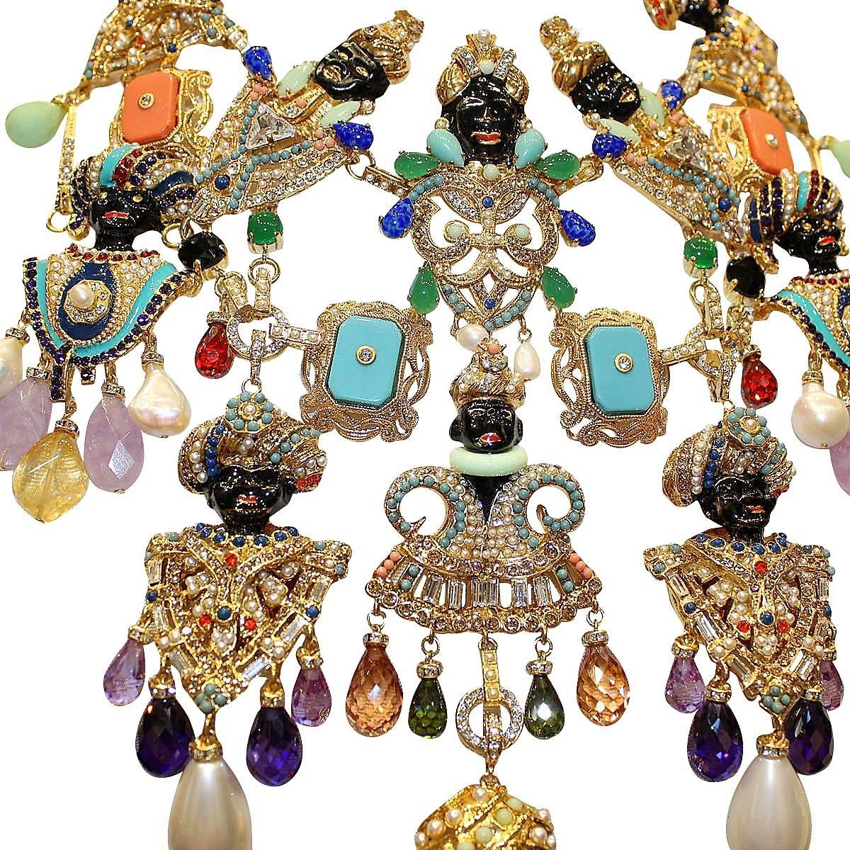 Specatcular, one of a kind !
Mervellous big necklace on the Venetian mori theme
Non allergenic rhodium
18 KT gold dipped 
Wonderful construction of swarovsky crystals, faux pearls, beads and multicolored resins
Central and two lateral mori,