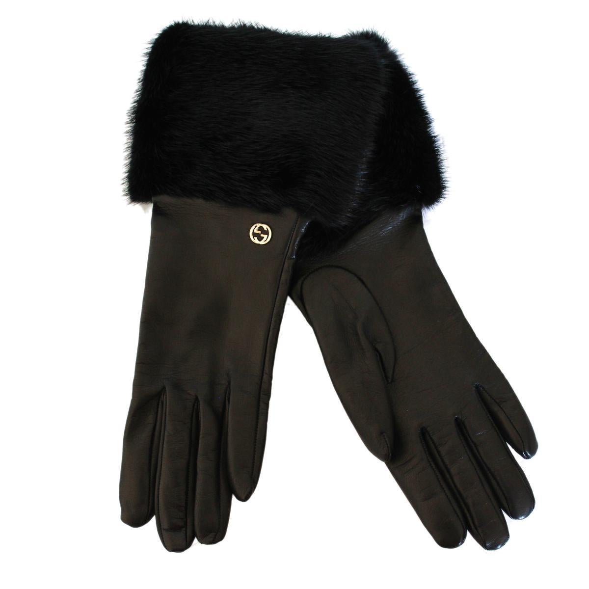 New Gucci Black Leather and Mink Gloves 7, 5