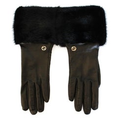 New Gucci Black Leather and Mink Gloves 7, 5