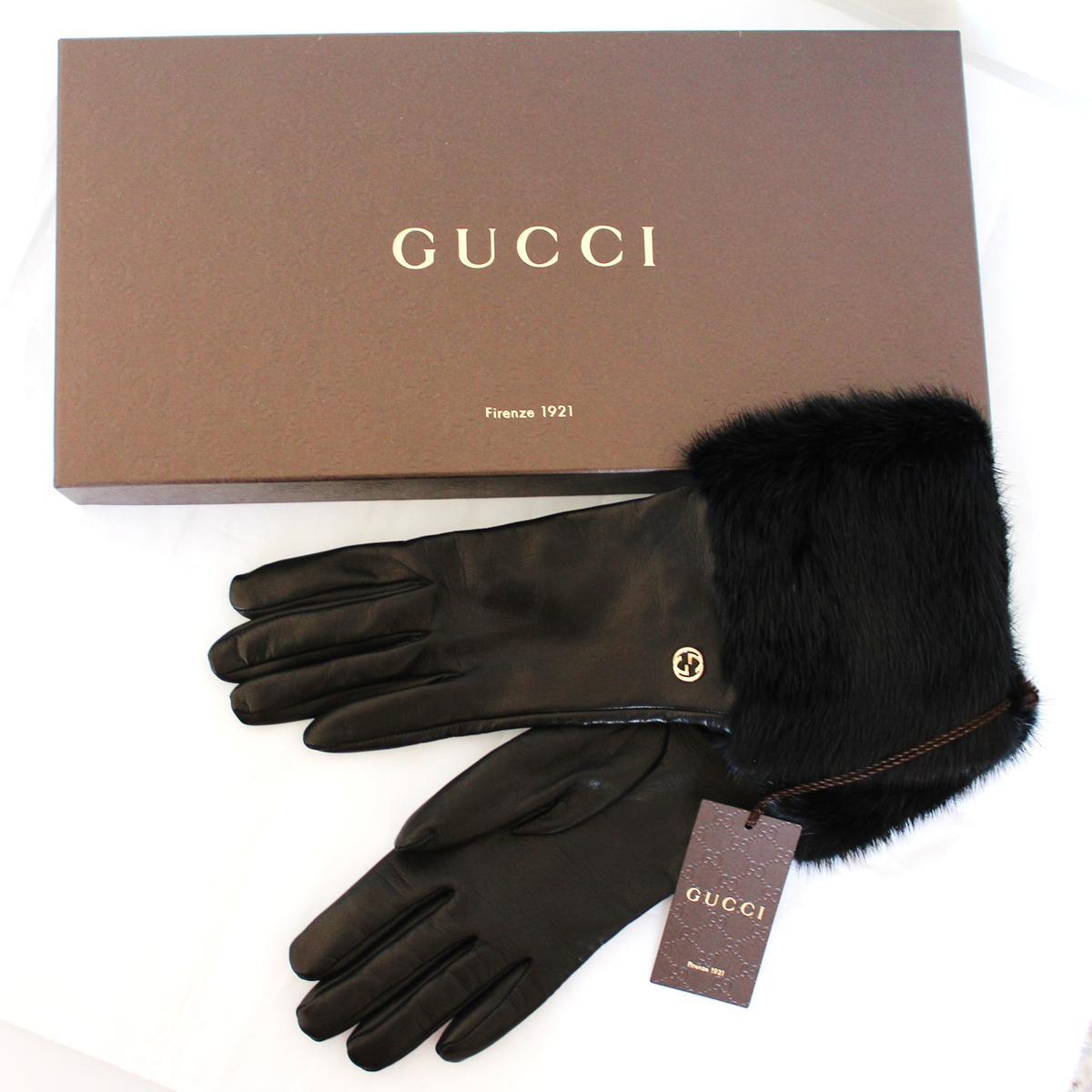 New Gucci Black Leather and Mink Gloves 7, 5 1