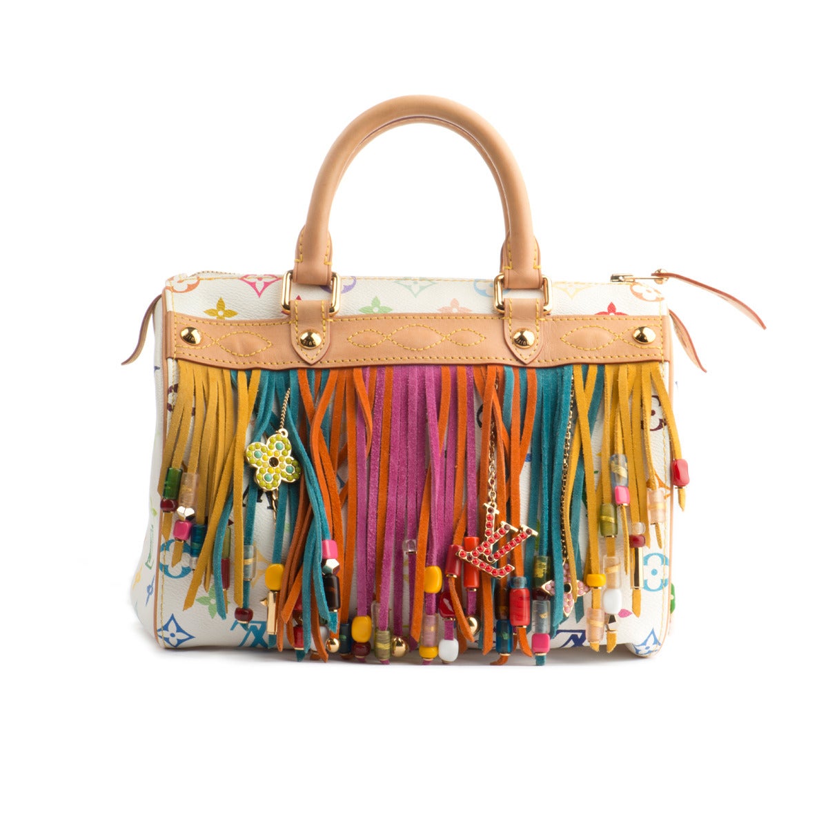 Fantastic and ultra rare Louis Vuitton multicolor fringe speedy 25 bag
Limited edition made by the japanese artist and designer Takashi Murakami
This stylish Speedy is crafted on Multicolore white toile canvas
Colorful beaded suede fringe with