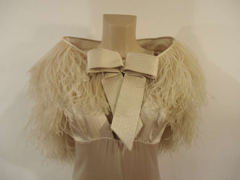 Brown Byblos Haute Couture Runway Silk Dress and Ostrich Shawl, 1990s 