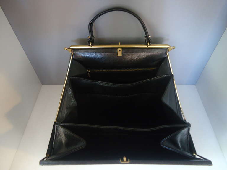 1960's Trussardi Black Leather Trapezoid Handbag In Excellent Condition In Gazzaniga (BG), IT
