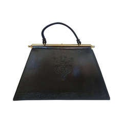 Vintage 1960's Trussardi Black Leather Trapezoid Handbag