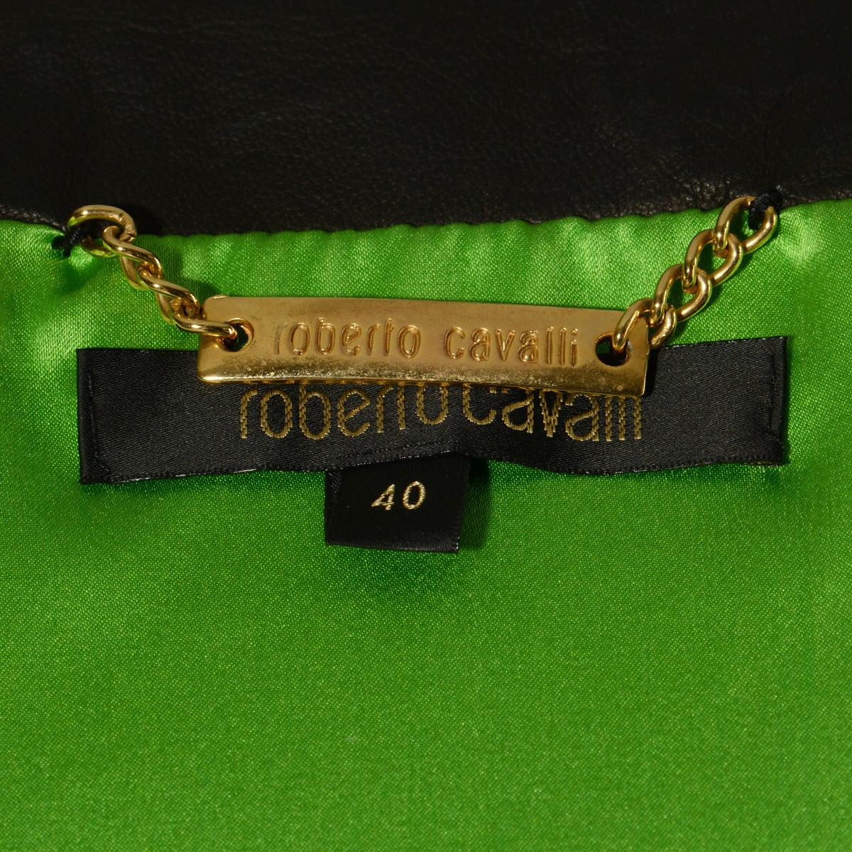Roberto Cavalli Black Leather Golden Embroidery Jacket 1