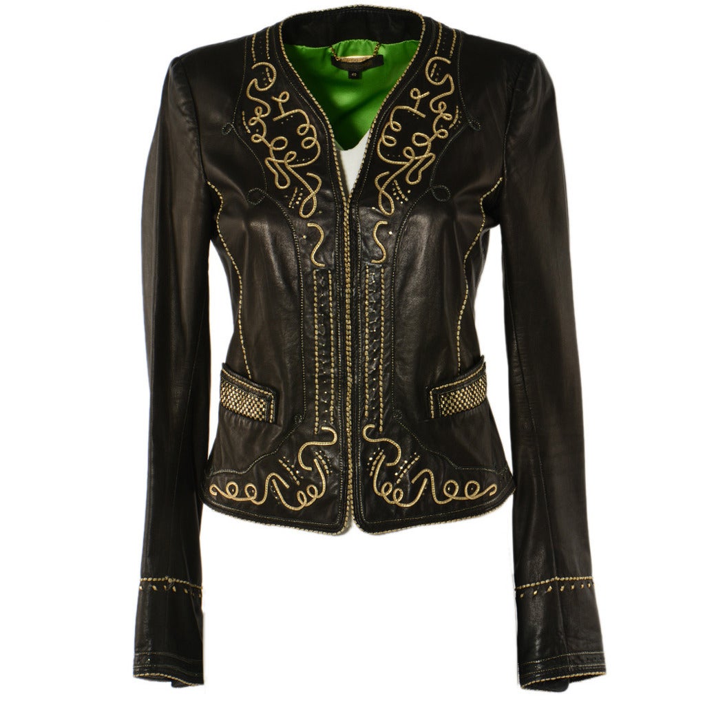 Roberto Cavalli Black Leather Golden Embroidery Jacket