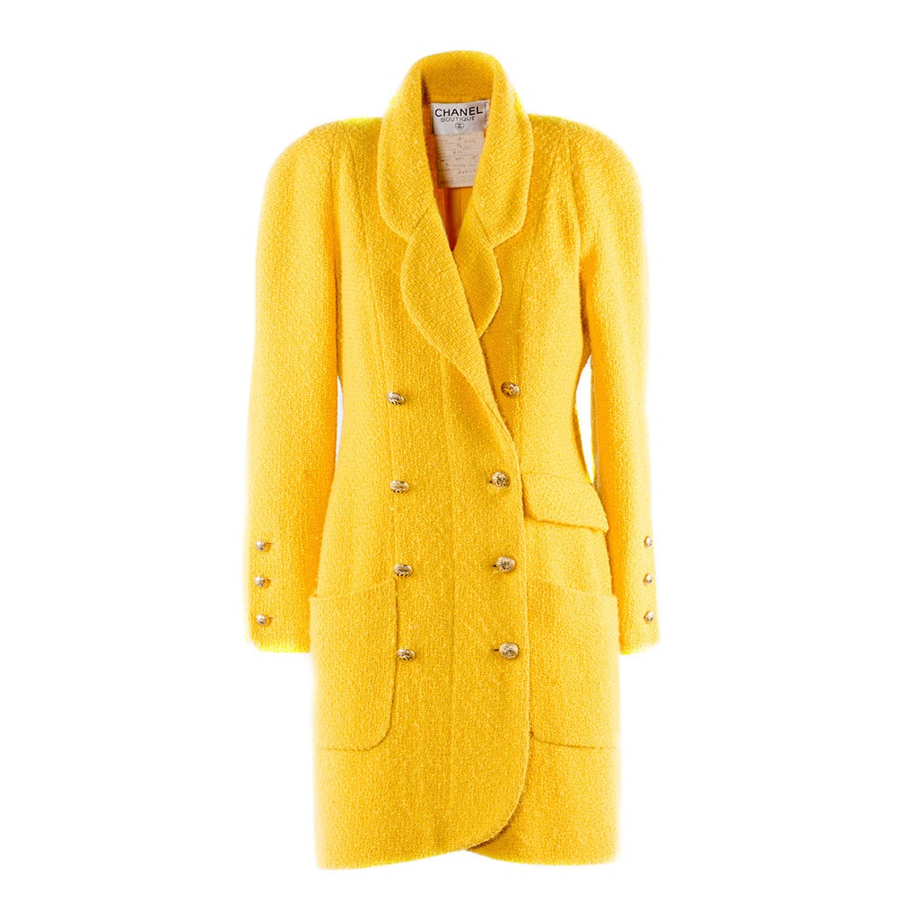 1990s Chanel Boutique Yellow Double Breasted Wool Coat