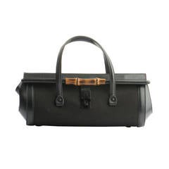 Gucci Black Leather Textile and Bamboo Bag