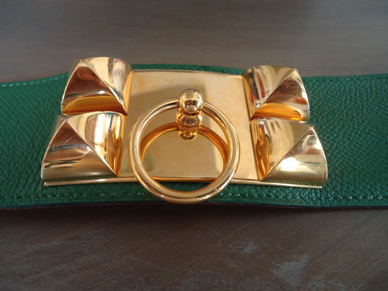 Women's Hermés Collier De Chien Green Belt With Gold Hardware