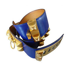 Hermés Collier De Chien Blue Belt With Gold Hardware