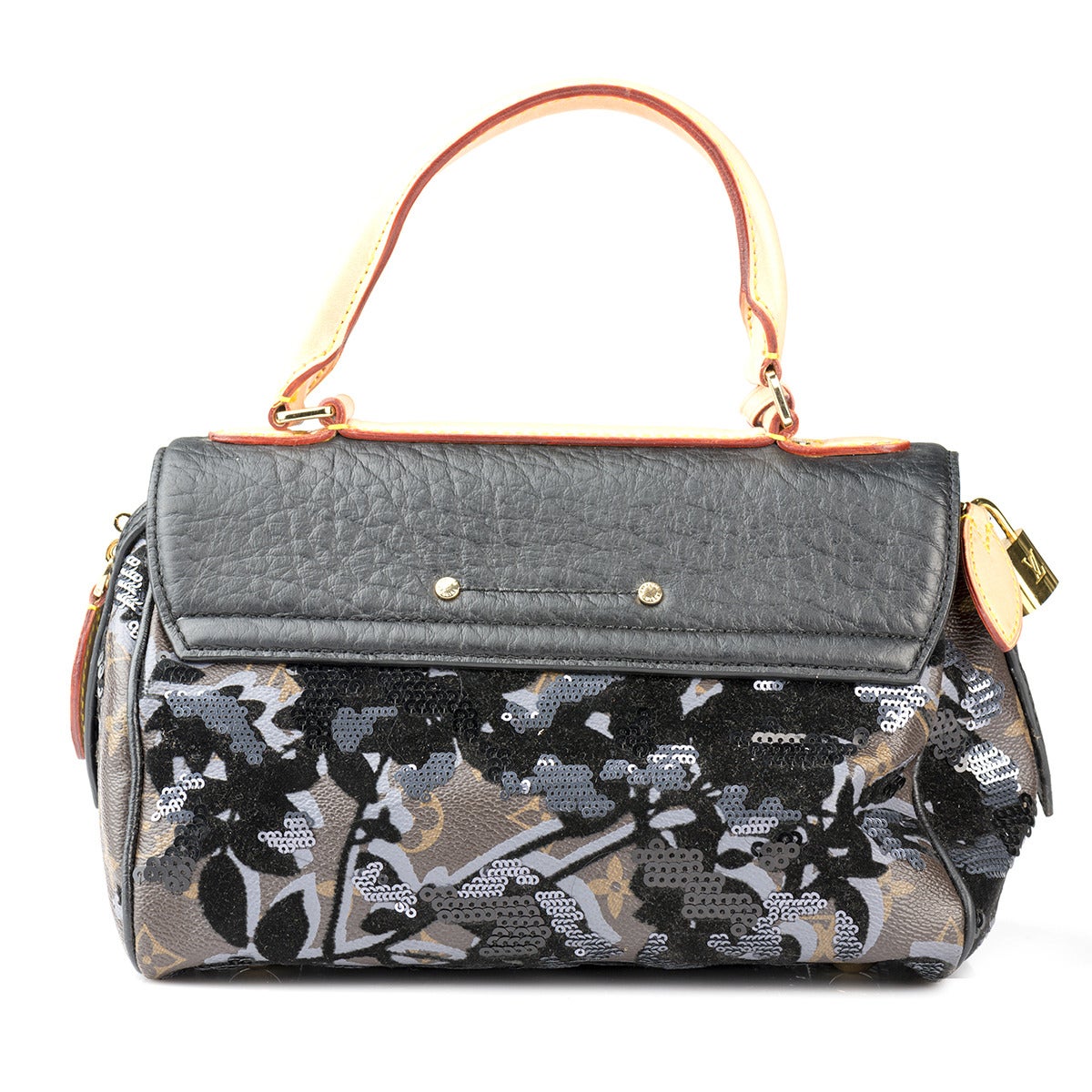 Mervellous Louis Vuitton Monogram Fleur de Jais Carrousel
2010 / 2011 Fall Winter Collection, Limited edition
LV Monogram on toile canvas 
Abstract floral deign in three layers of print, sequins and velvet 
Vachetta cowhide rolled leather top
