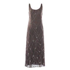 Italian Taupe Embroidered Long Silk Dress