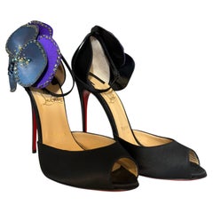 Christian Louboutin Pensamoi Black Satin Flower Sandals IT 37