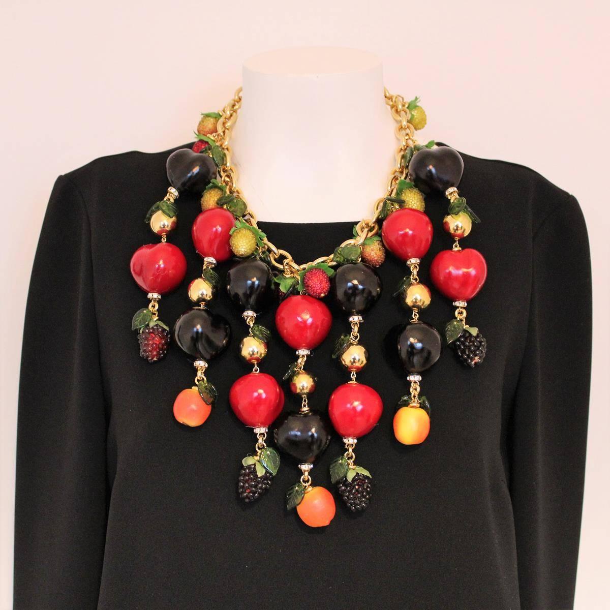 Fantastic masterpiece by Carlo Zini
One of the world greatest bijoux designers
Large collier
Stunning construction of fruits elements linked in golden chain and adorned with swarovski 
crystals
Multicolored and joyful fruits
Non allergenic metal,