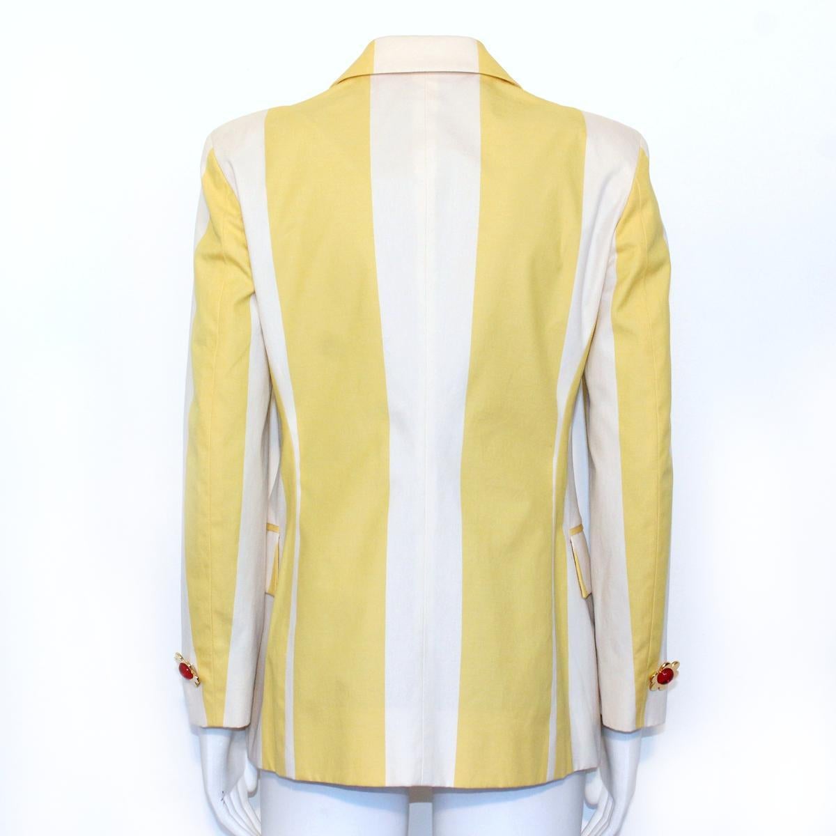 Rare and exclusive piece
Iconic collectible piece, vintage
Moschino Cheap and Chic 
Cotton 
Striped pattern
White and yellow
Jewel buttons
Two pockets
Length from shoulder cm 62 (24.4 inches)
Worldwide express shipping included in the price !