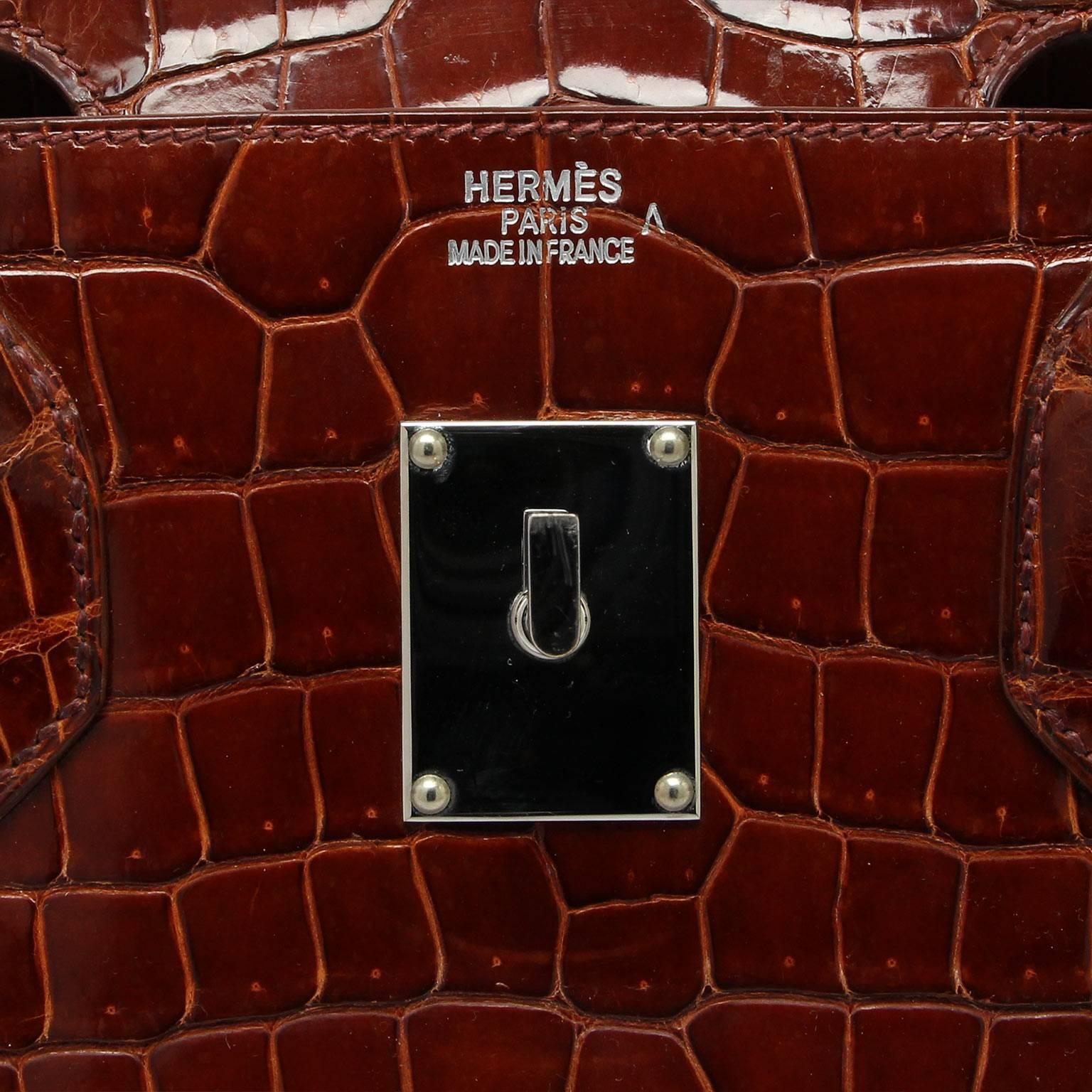 Brown Hermes JPG Shoulder Birkin Miel Shiny Porosus Croc Palladium Hardware  For Sale