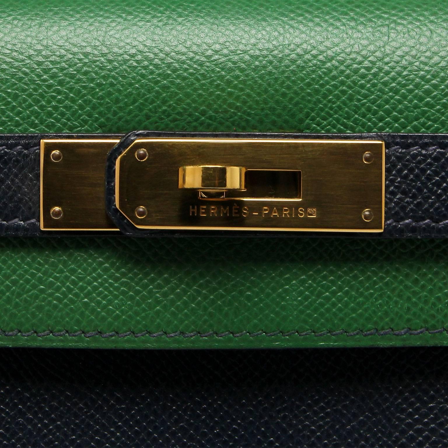 Black Hermes Kelly 28cm Bi Colour Vert Clair & Blue Indigo Courchevel Gold Hardware