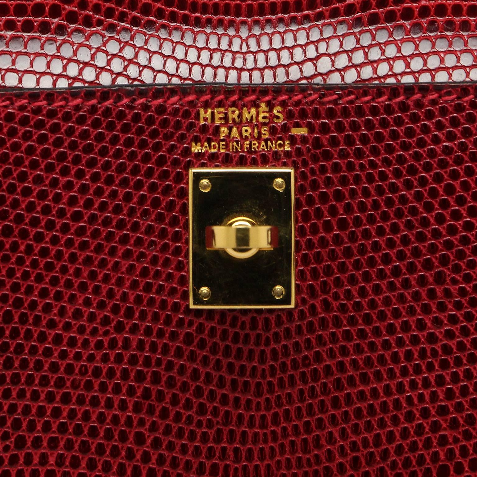 Red Hermes Kelly 25cm Bag Rouge Lizard Gold Hardware For Sale