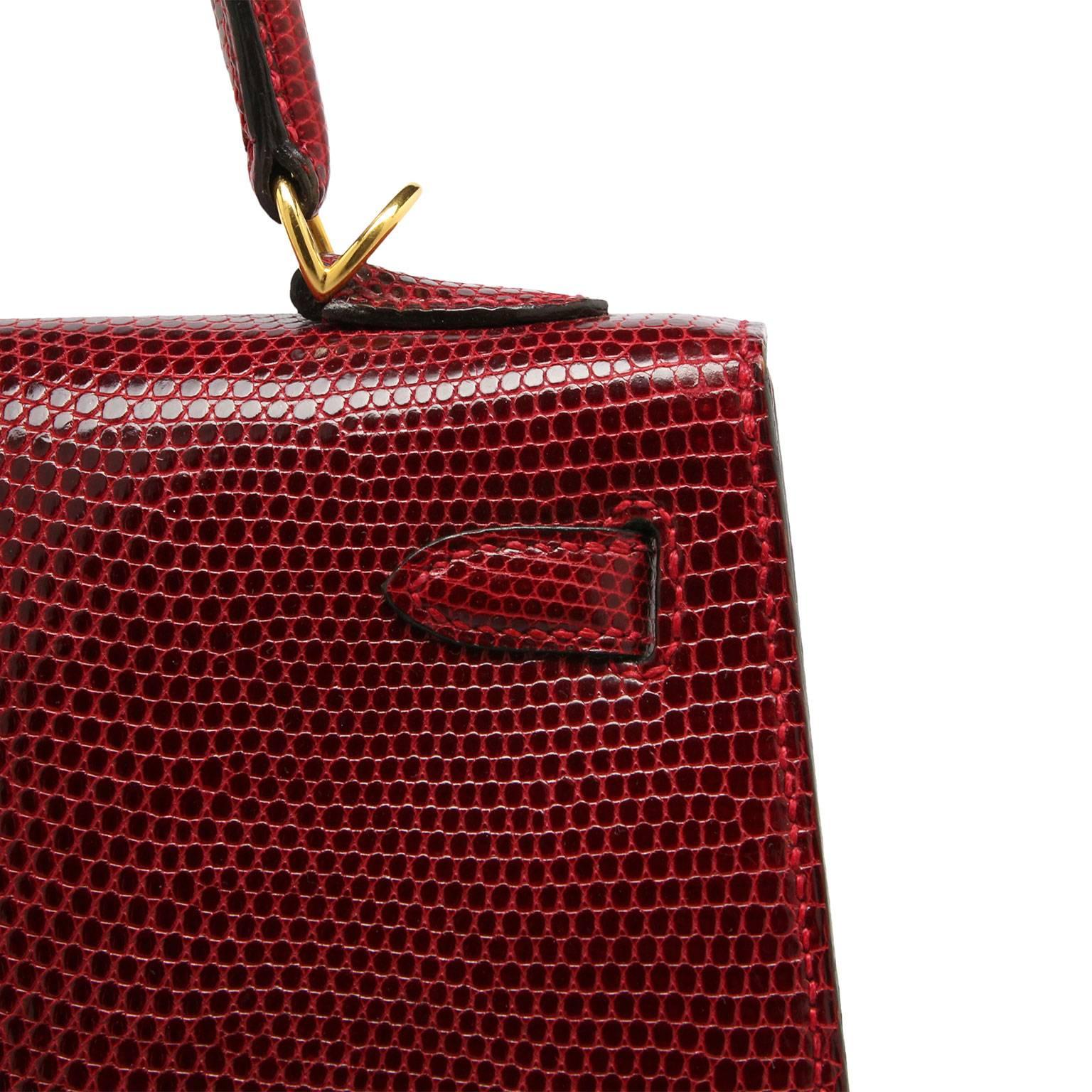 Women's Hermes Kelly 25cm Bag Rouge Lizard Gold Hardware  For Sale