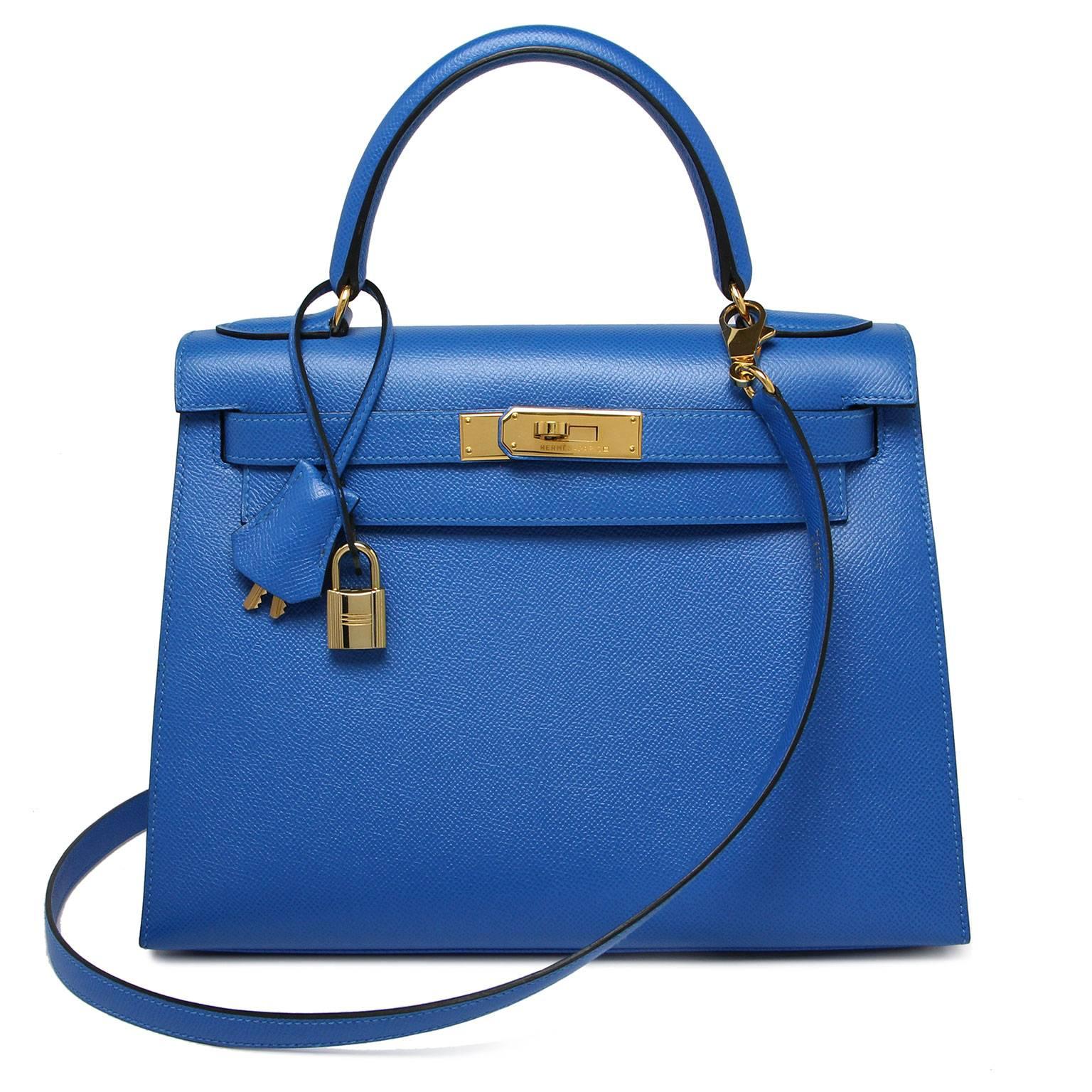 Hermes Kelly 28cm French Blue Courchevel Gold Hardware  For Sale 3