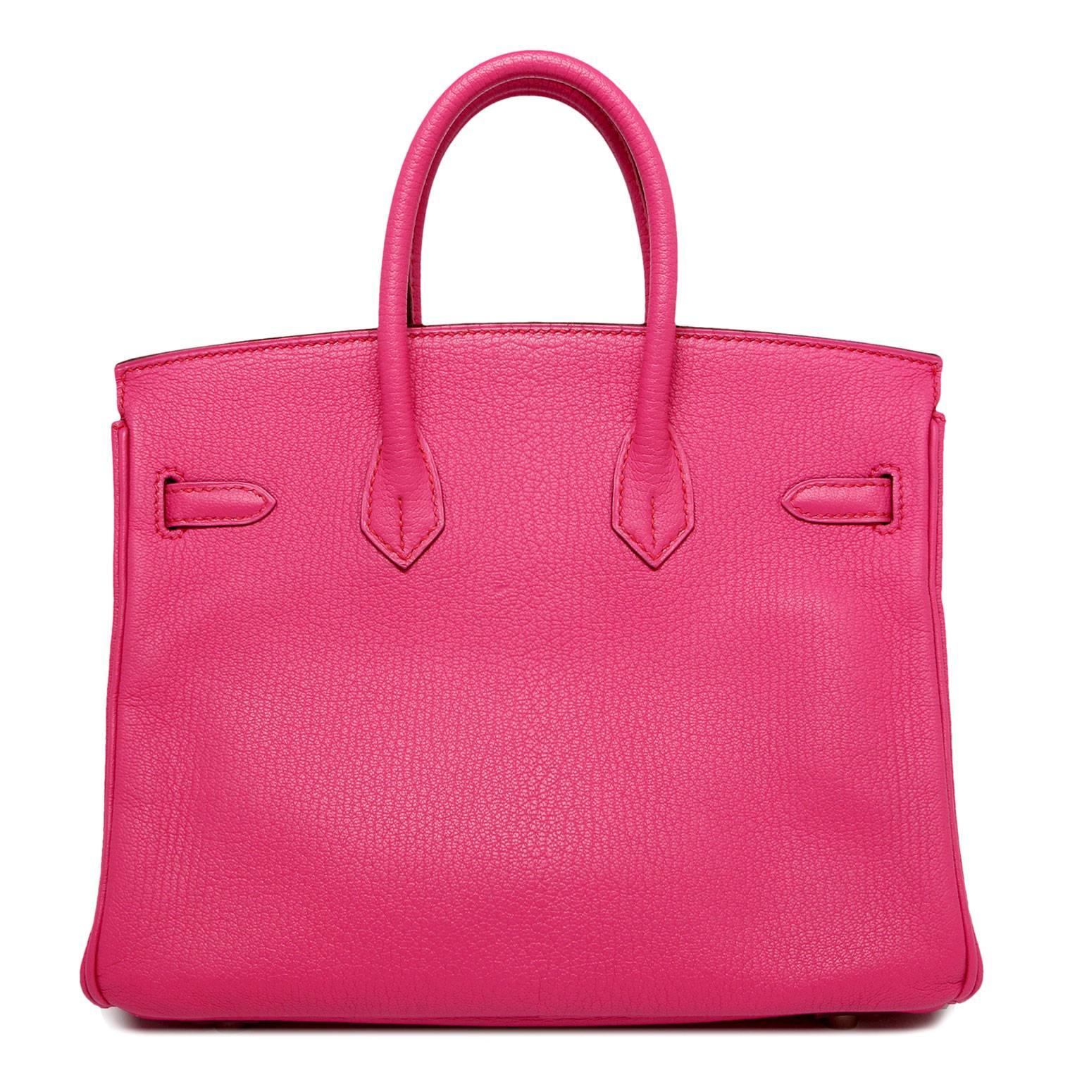 Hermes Birkin 25cm 
Fuchsia
Chevre leather 
Palladium hardware 
Stamp: L Square 2008
Comes with Hermes cloth bag, clochette & lock & keys