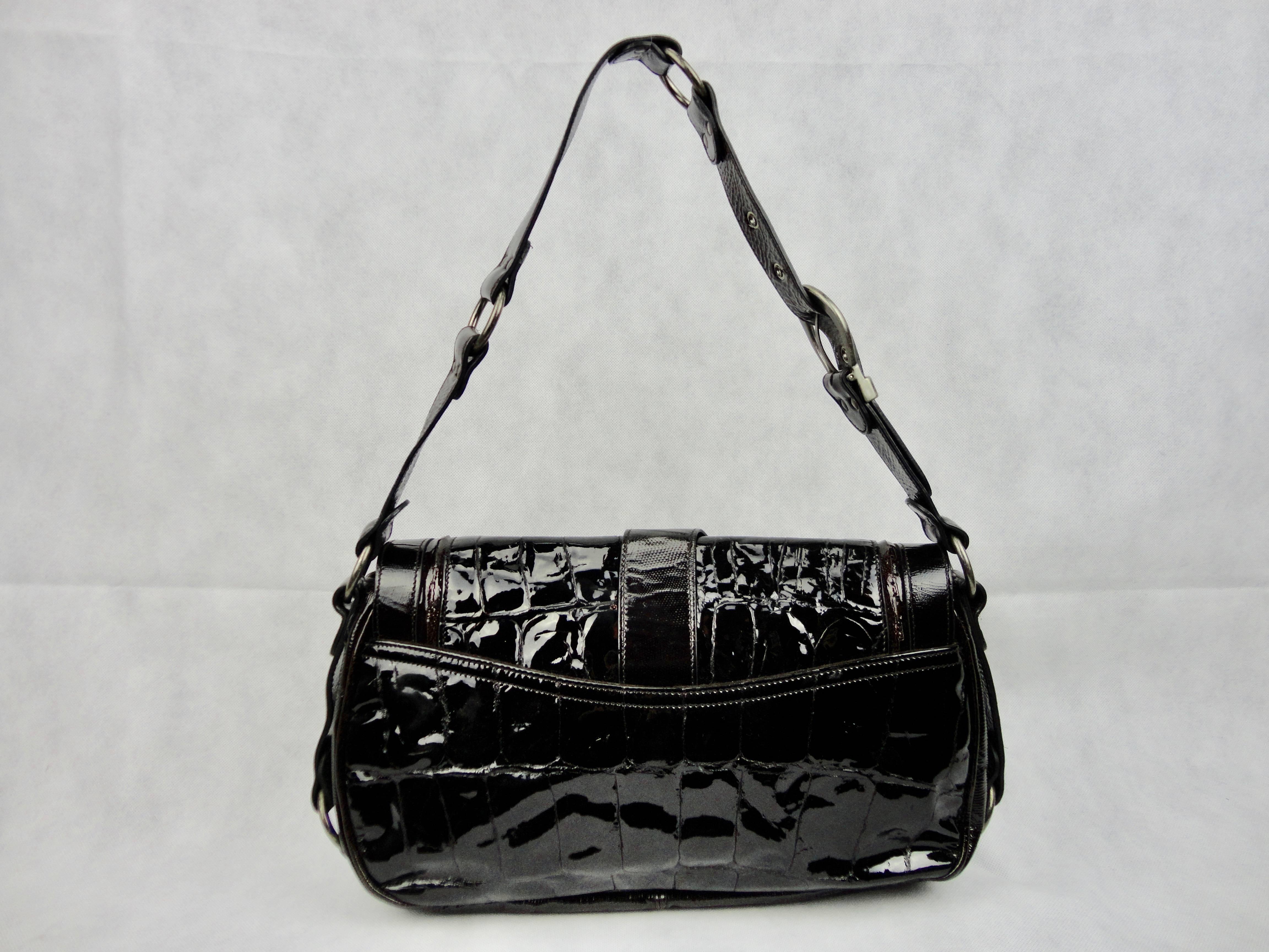 Black Christian Dior Croc Embossed Patent Leather Gaucho Bag