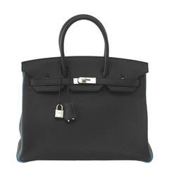 HERMES BIRKIN 35 bag Black Turquoise Bi Color Special Order Brushed Palladium 9