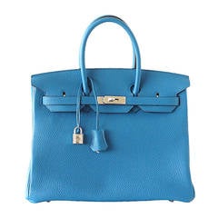 HERMES BIRKIN 35 Bag BLEU Blue IZMIR Clemence Palladium 10
