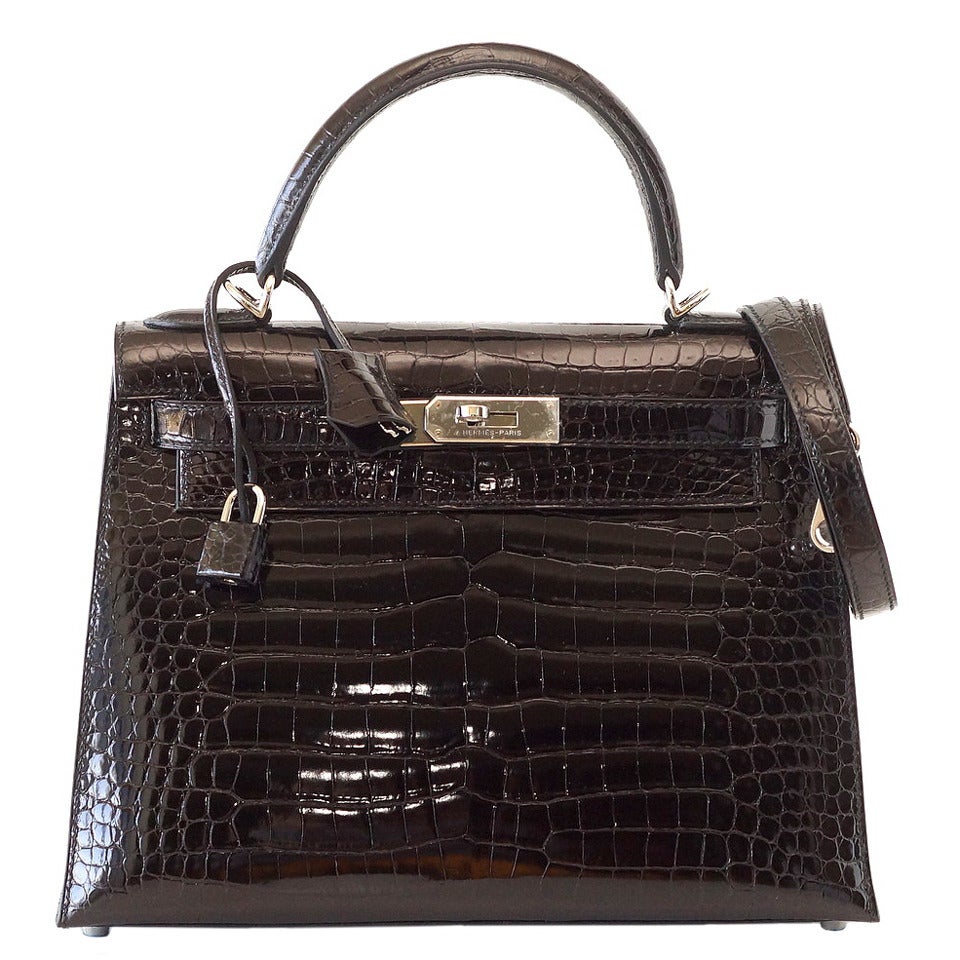 HERMES KELLY 28 bag Black Porosus Crocodile palladium