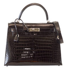 HERMES KELLY 28 sac Noir Porosus Crocodile palladium