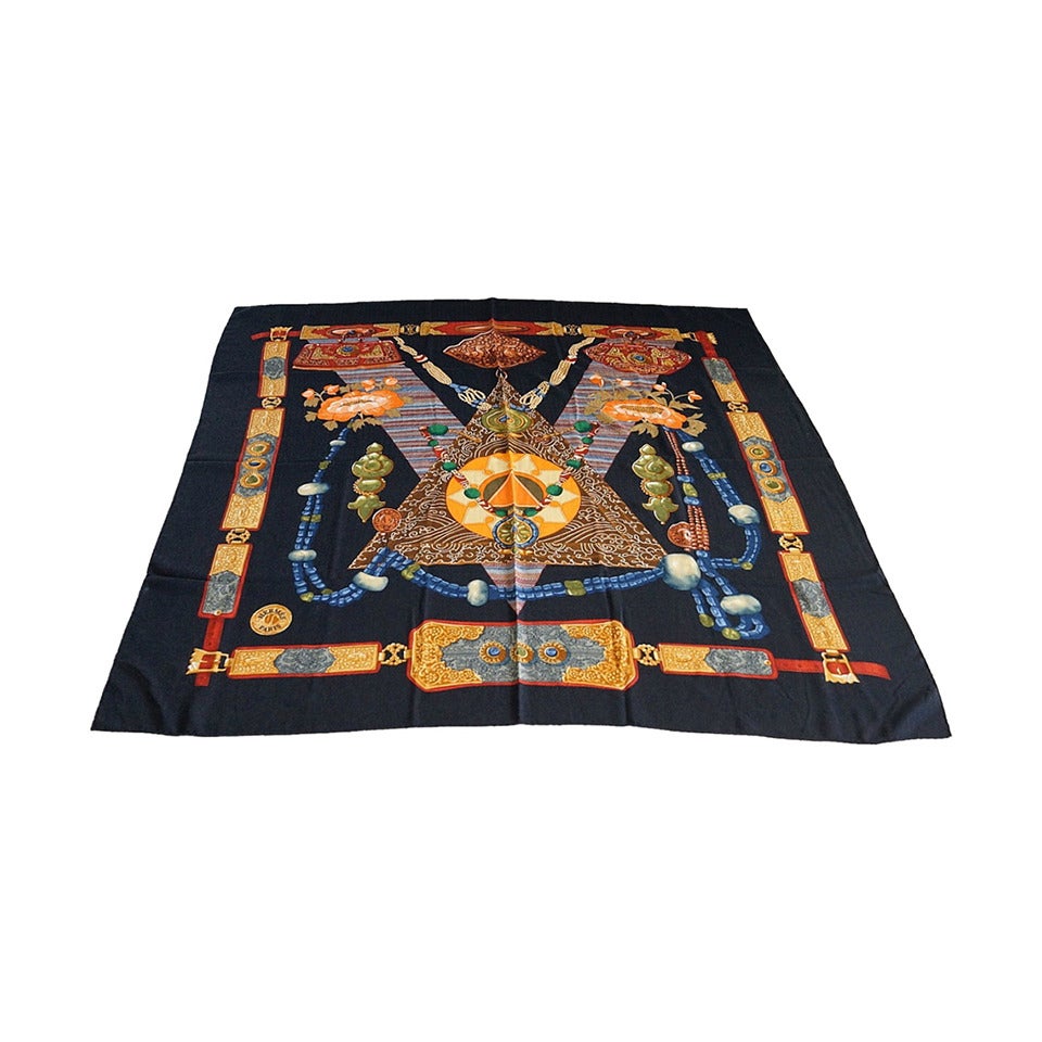 HERMES scarf shawl vibrant large "TIBET" motif cashmere silk Vintage
