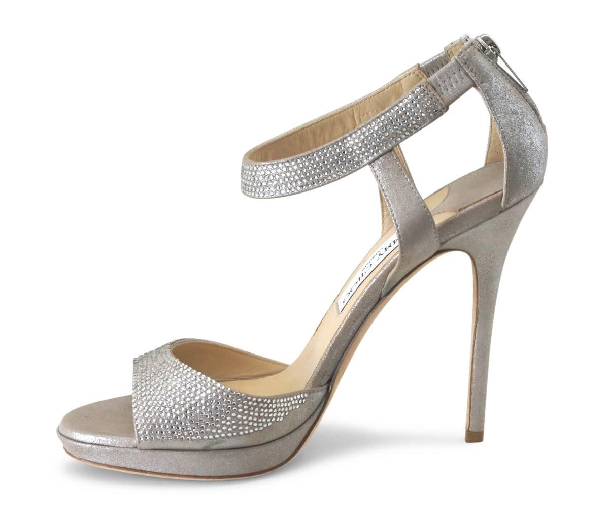 Jimmy Choo Shoe Platform Soft Silver Leather Diamantes 39 / 9   In New Condition In Miami, FL
