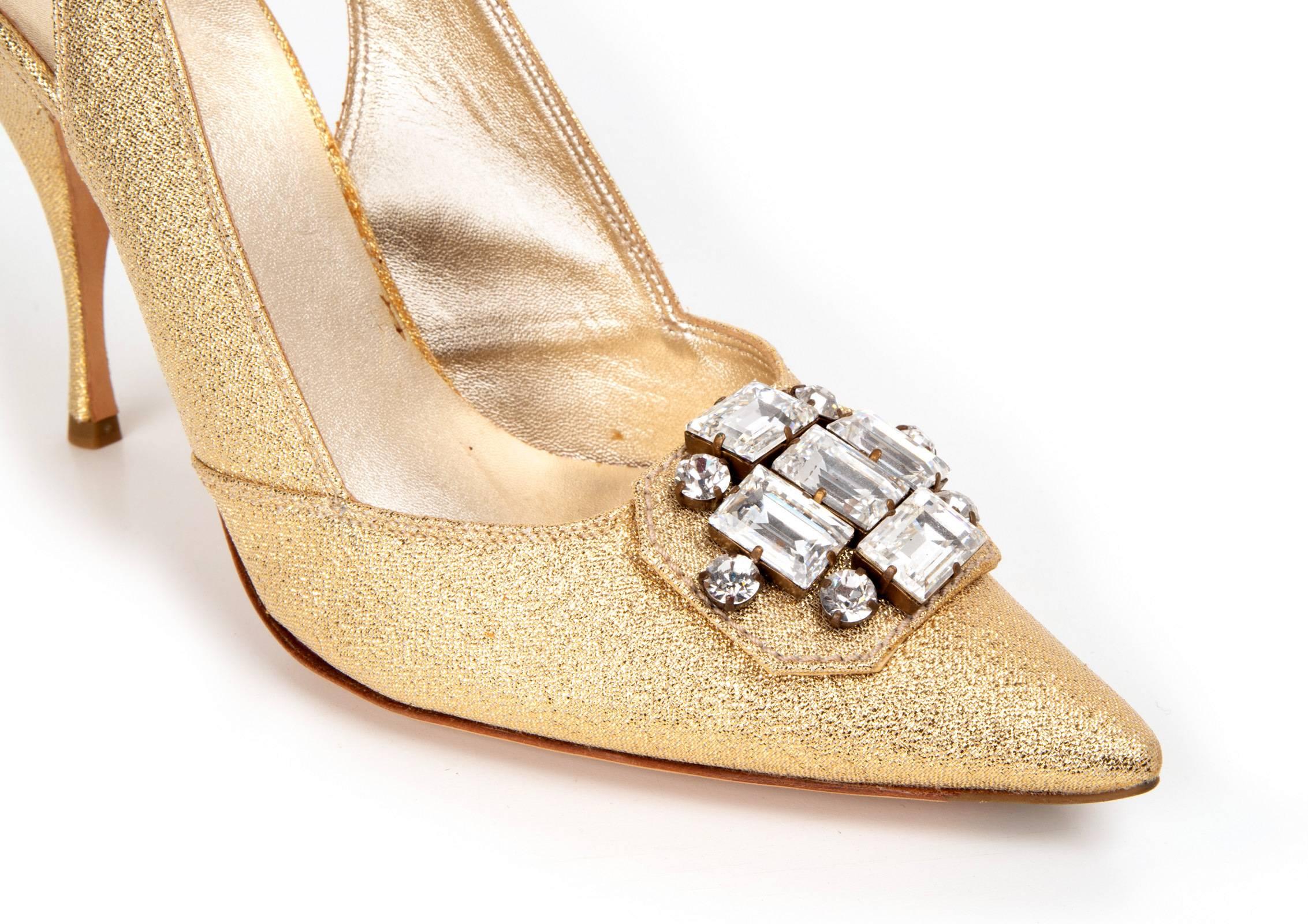 Guaranteed authentic Miu Miu fabulous gold textile shoe. 
The diamantes are emerald cut with gorgeous facets. 
6 Brilliant round diamantes set around the emerald cuts. 
The slingbacks are solid - no buckles.
Beautifully shaped heel and great toe.